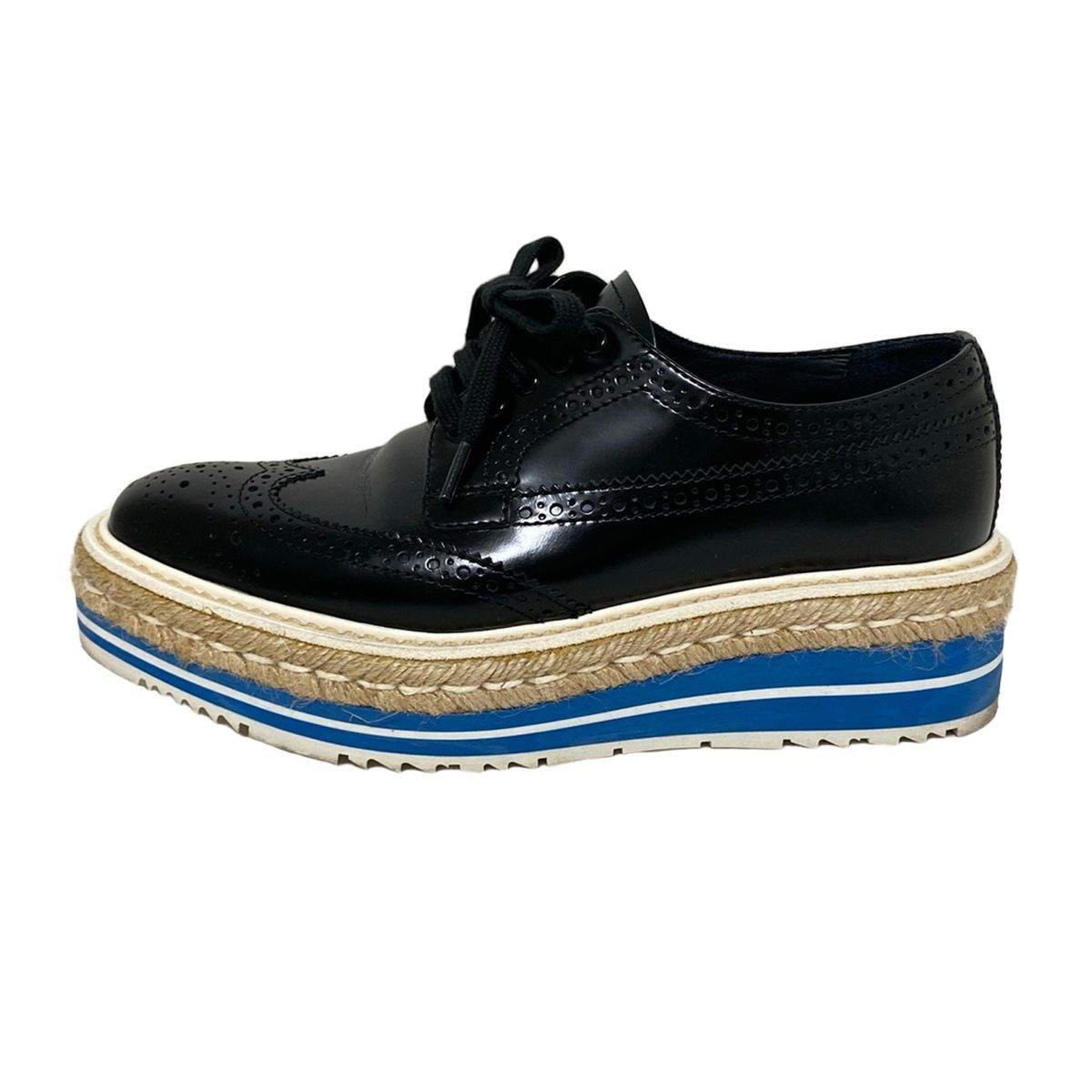 PRADA プラダ シューズ 35 1|2 レディース - 黒×ベージュ×マルチ ウィングチップ|エスパドリーユ リネン レザー