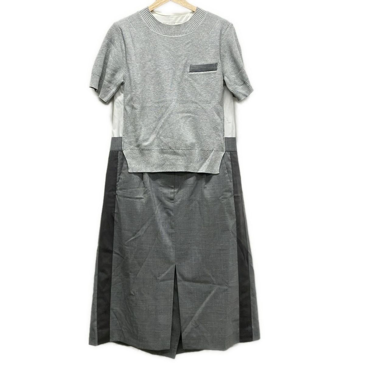 Sacai サカイ ワンピース サイズ1 S レディース - 21-05536 ライトグレー×グレー×マルチ クルーネック|半袖|ロング|異素材切替