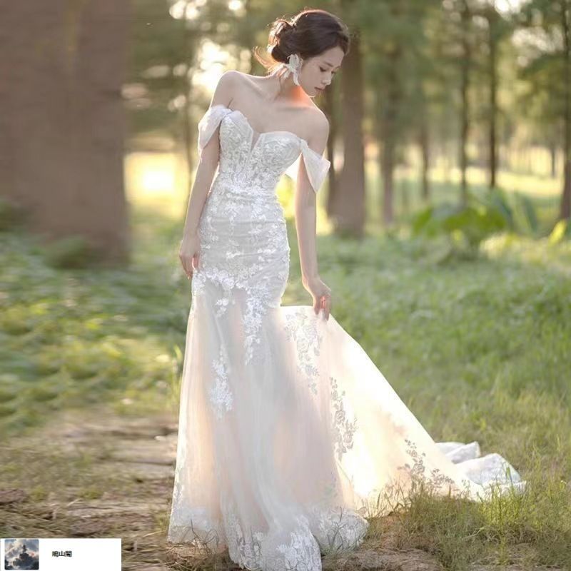 2025 一字肩レースマーメイドドレス 小トレーン花嫁用 フランス風 上品旅撮ウェディング XS～3XL