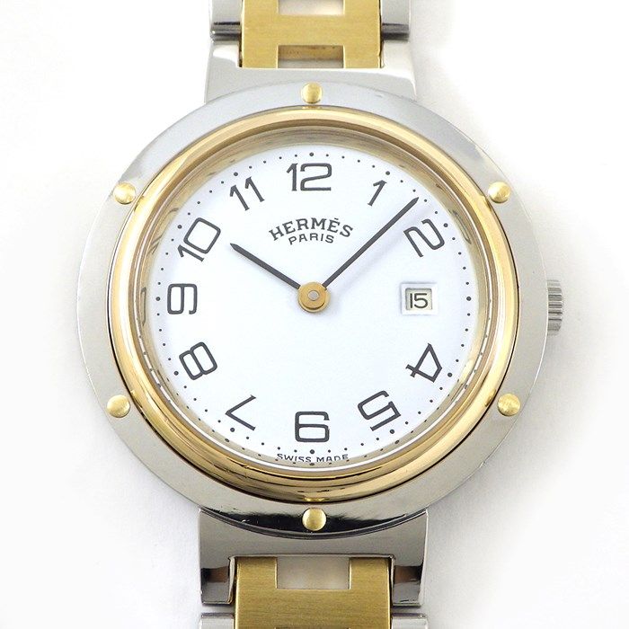 エルメス HERMES 腕時計 クリッパー CL3.440 デイト ホワイト文字盤 Hリンク ブレス GP SS クオーツアナログ