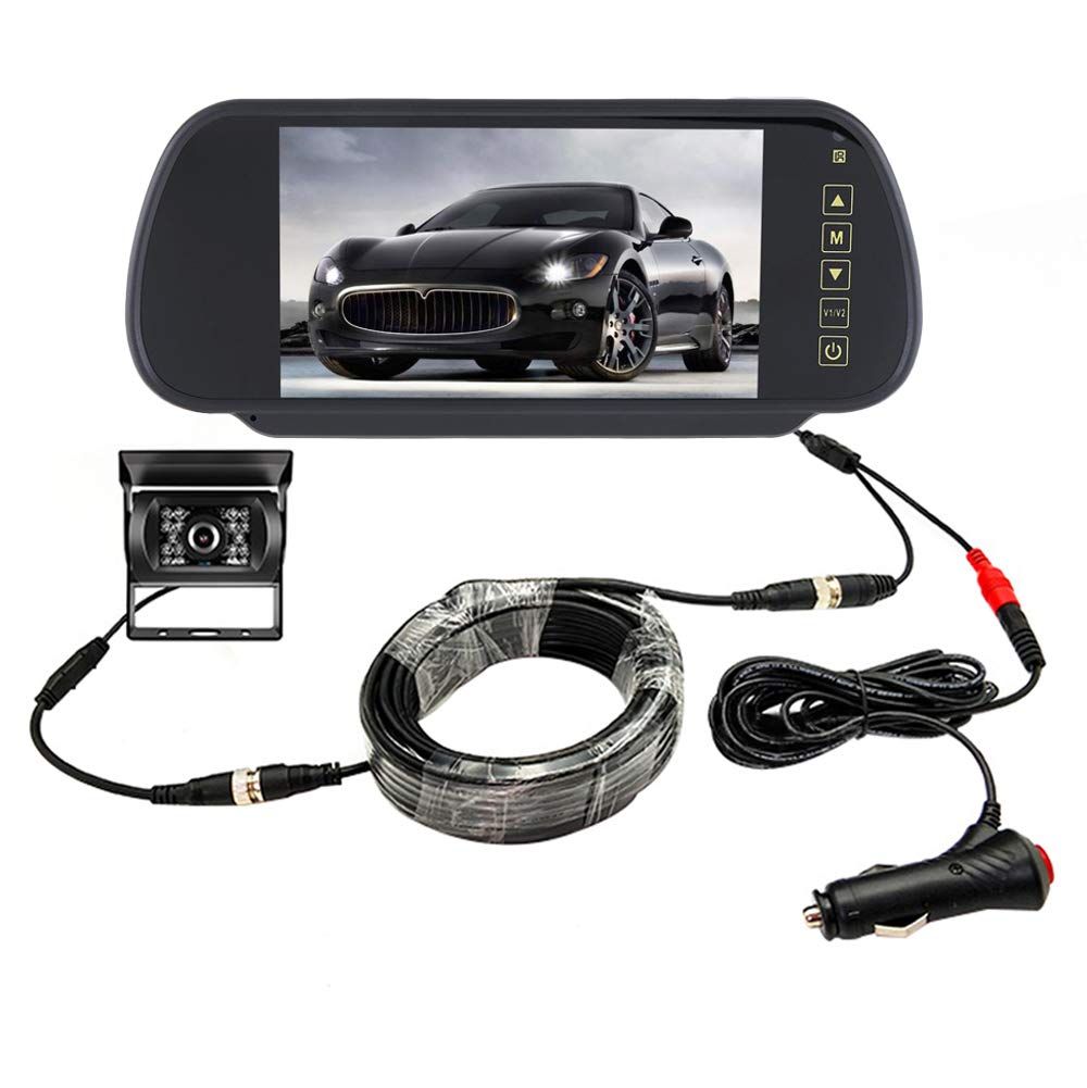 AIEK 7インチ ルームミラーバックモニター CCDレンズ搭載LEDバックカメラ 20m同軸延長ケーブル オート暗視切替機能塔載 重機 乗用車 大型台車用重機対応バックカメラセット12V 24V両用 電源ケーブル不要 取付簡単