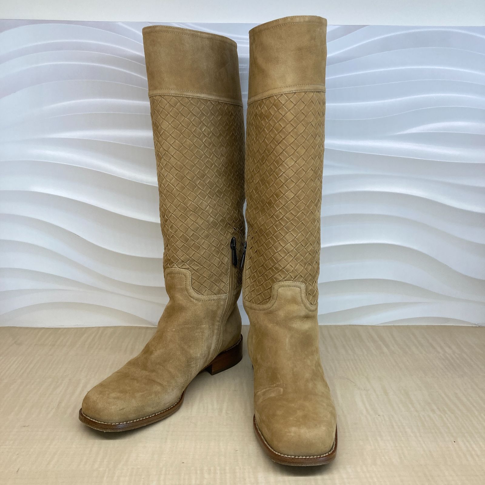 BOTTEGA VENETA ボッテガヴェネタ イントレチャート スエード ロングブーツ ベージュ 37サイズ 24cm 24.5cm 靴 レディース PAWNSHOPRiZ パウンショップリズ