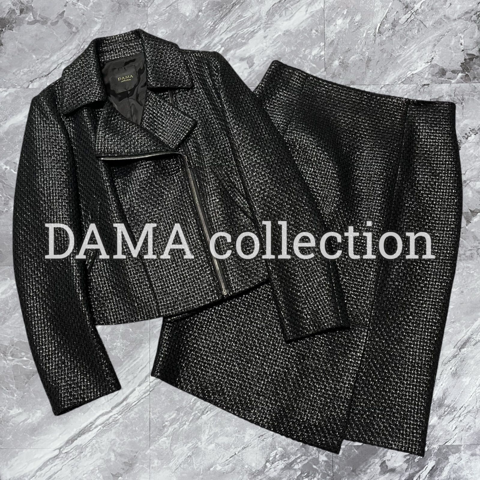 ♥級 DAMA collection ダーマコレクション セットアップ ダブルライダース スカートセット ウール シルク混 絹 ブラック 黒色 サイズ9 M相当