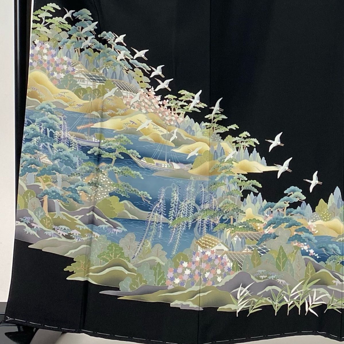 黒留袖 身丈162.5cm 裄丈64.5cm M 袷 落款 水辺の風景 鶴 黒 正絹 秀品