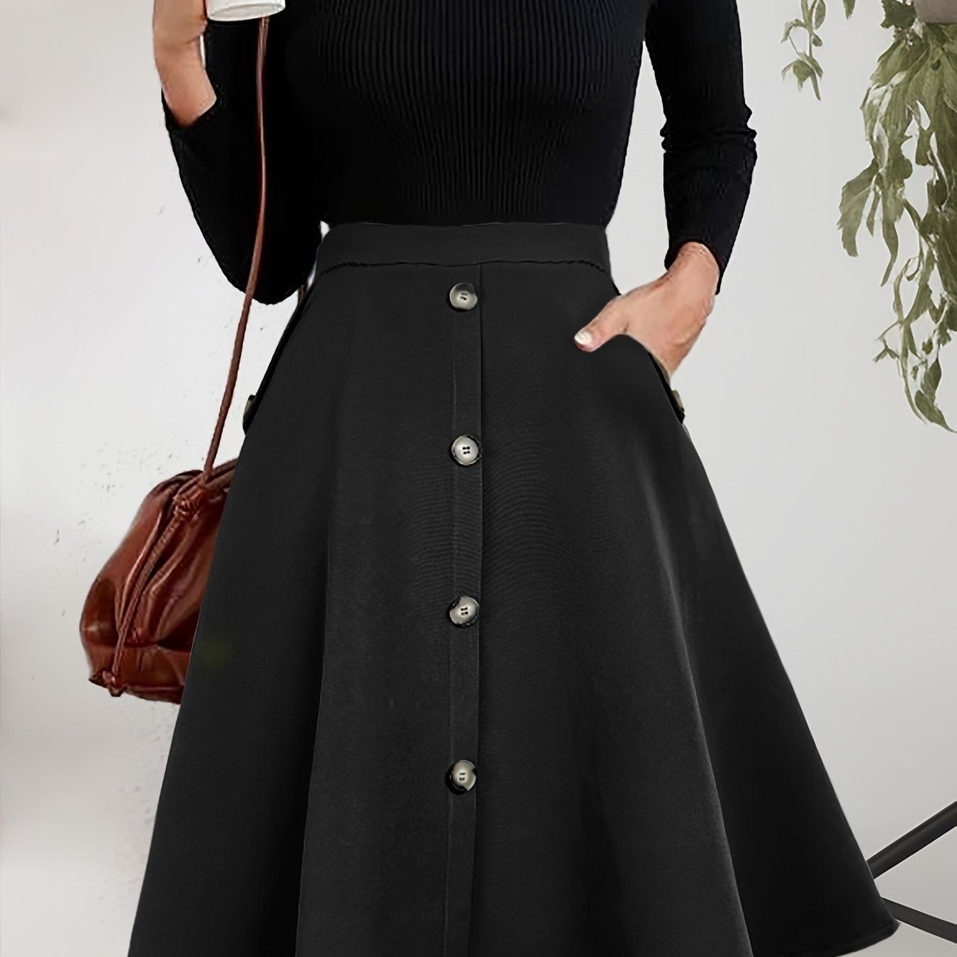 ブラック フ スカート レディース 秋冬 ロング丈 ミモレ丈 前ボタン ポケット付き 無地 体型カバー ハイウエスト きれいめ カジュアル ウエストマーク 大人ナチュラル