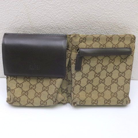 GUCCI ウエストポーチ GG柄 キャンバス×レザー ブラウン ベージュ ボディバッグ