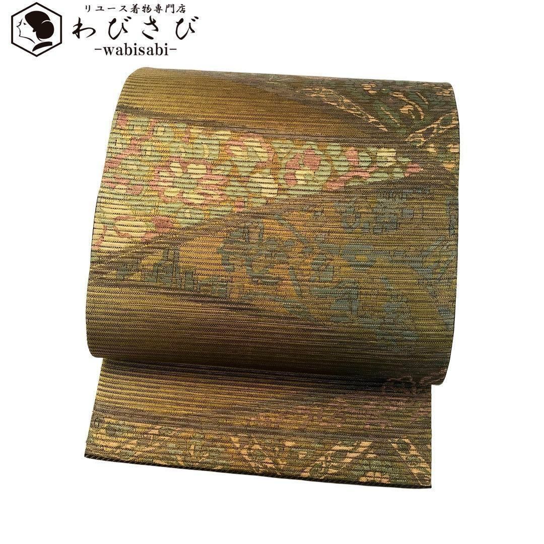 名古屋帯 紬 縦柄縞模様 果物に花模様 鳥の子色 O-5022 名古屋帯 紬 縦柄縞模様 果物に花模様 鳥の子色 O-5022