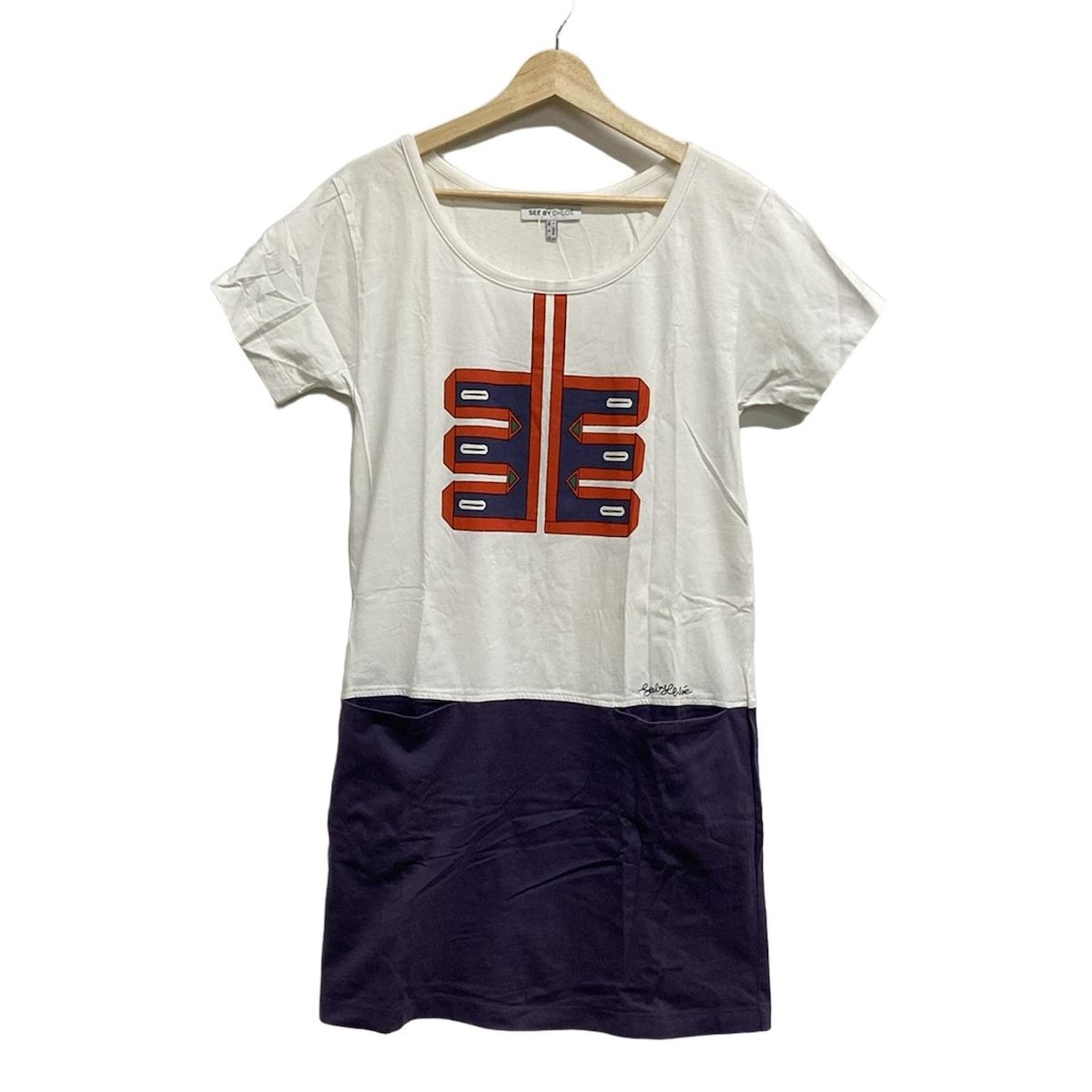 SEE BY CHLOE シーバイクロエ 半袖Tシャツ サイズI 38 レディース - 白×パープル×マルチ クルーネック コットン