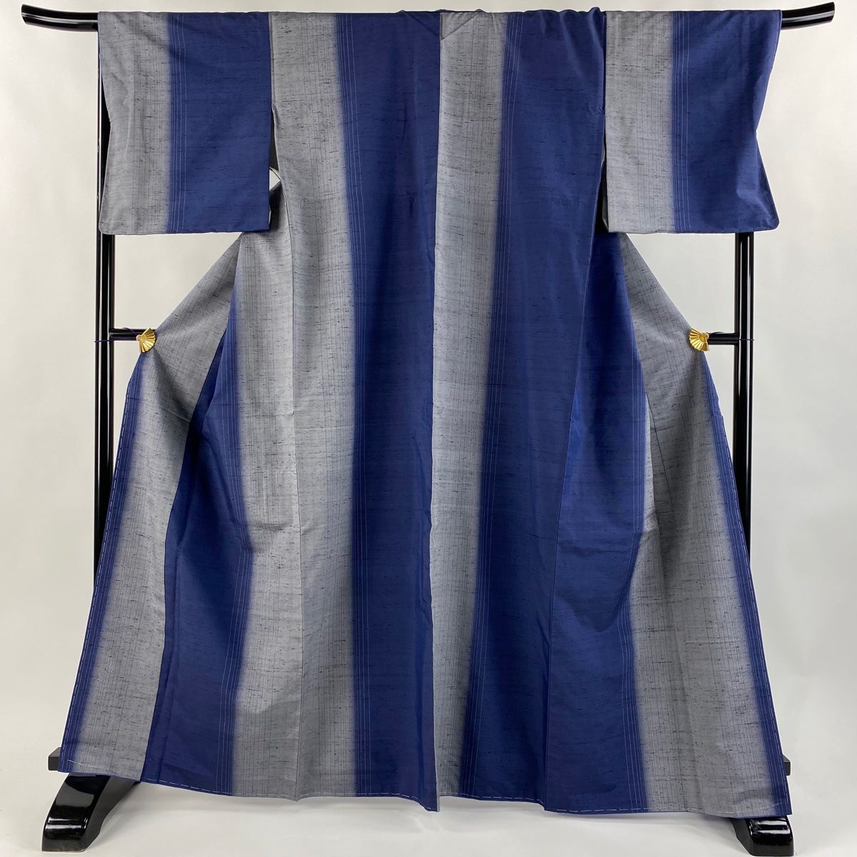 紬 身丈165cm 裄丈70cm L 袷 落款 証紙 縦縞 藍色 正絹