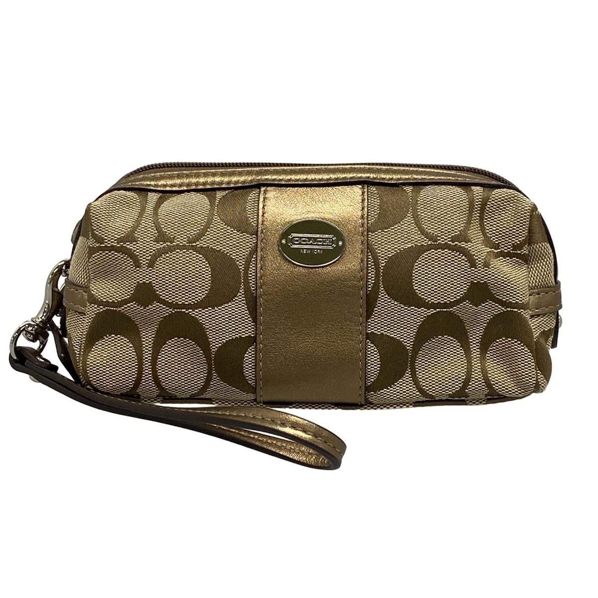 COACH コーチ ポーチ シグネチャー柄 48444 ベージュ×ブラウン レザー