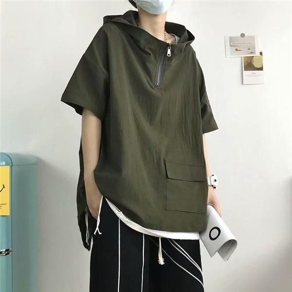 半袖パーカー&帽子 と 半袖パーカー 半袖パーカー メンズ 夏服 プルオーバー フード付き トップス