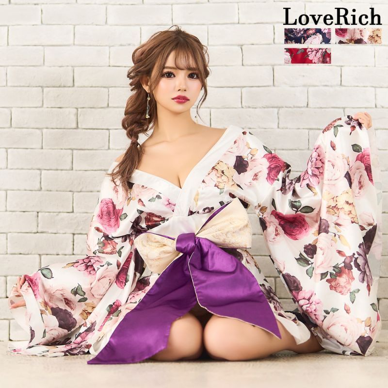 LoveRich ラブリッチ 4 |2点セット 花柄 オフショル ミニ 豪華 帯 花魁 着物 ドレス コスプレ イベント ハロウィン キャバドレス 0976
