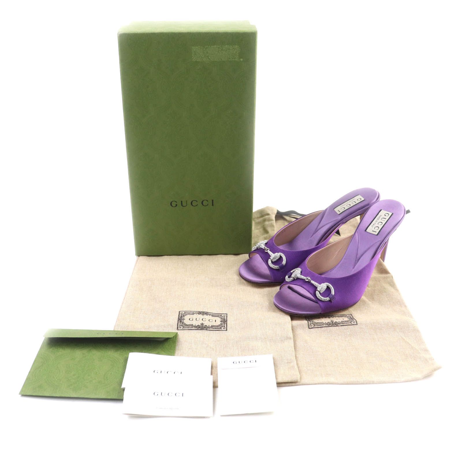 GUCCI グッチ 771594 ホースビット クリスタル サテン ミュール サンダル パープル 38 箱 保存袋付き イタリア製 レディース