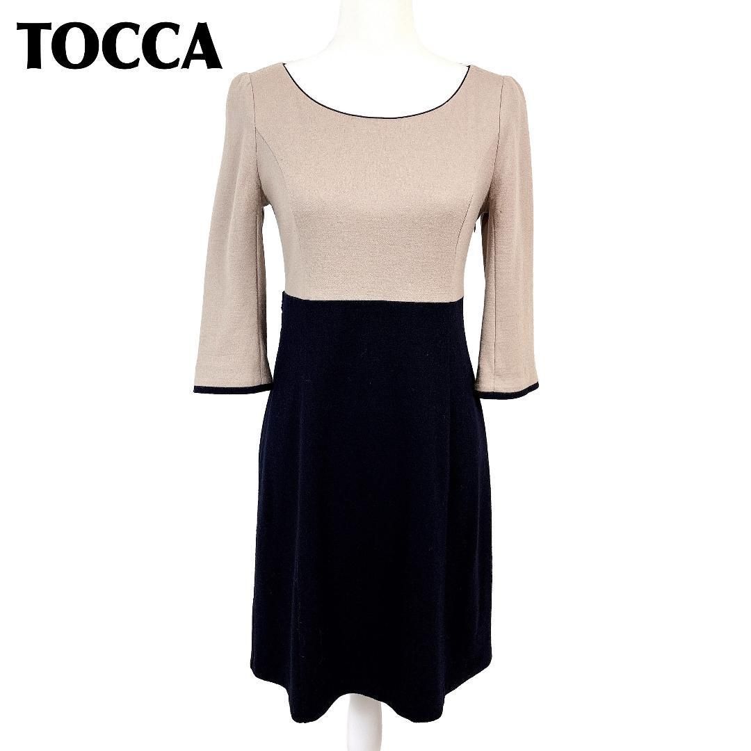 TOCCA 長袖バイカラーワンピース 4 ベージュ×ブラック 無地 - メルカリ