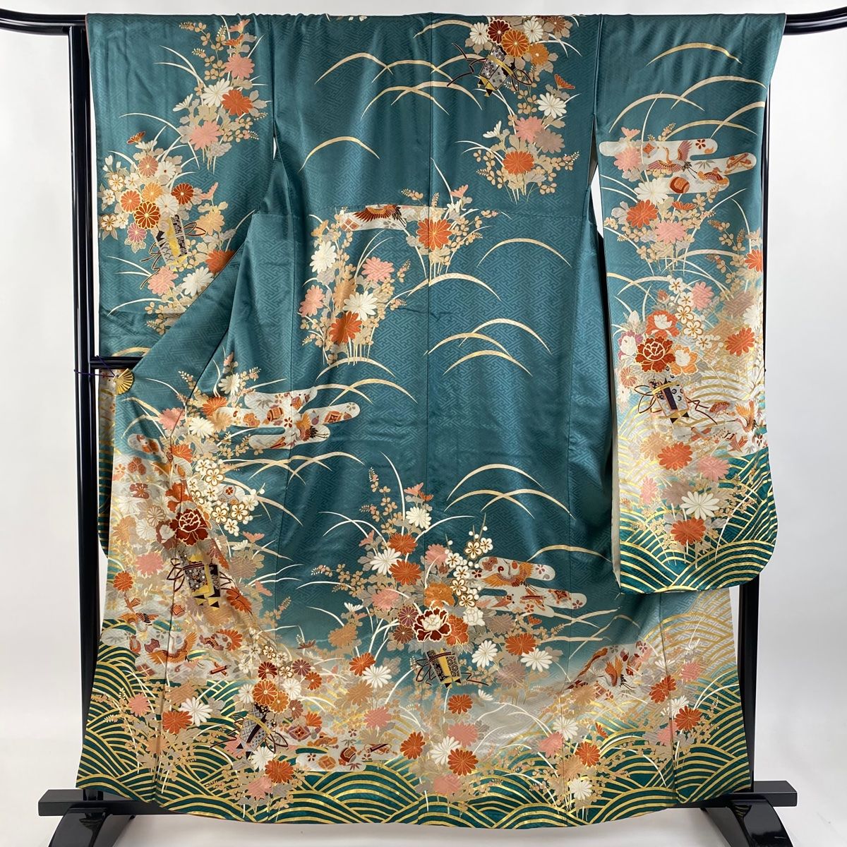 振袖 身丈161.5cm 裄丈68cm L 袷 花束 鶴 金彩 ぼかし 青緑 正絹 秀品