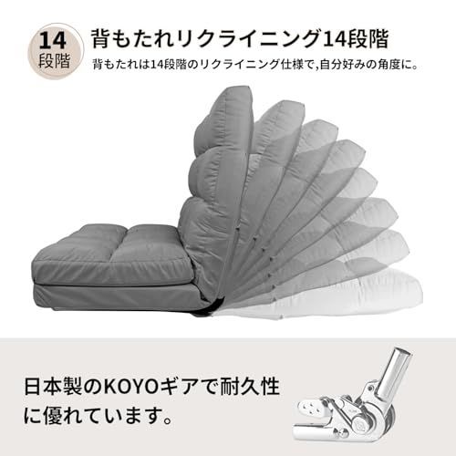 3WAY 14段階リクライニング ローソファ フロアソファ クッション2個付属 2人掛け 折りたたみ ソファー 撥水加工 座椅子 ソファーベッド座椅子 麻リネン布 WAVV グレー