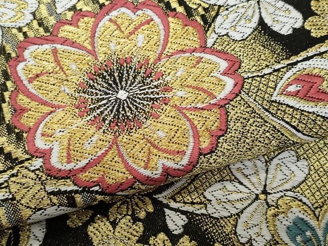 袋帯　六通　振袖　華やか金箔　帯　吉祥紋様 袋帯 振袖用 仕立て上り 正絹 六通 金 桜と流水 芯なし 435cm : 京の