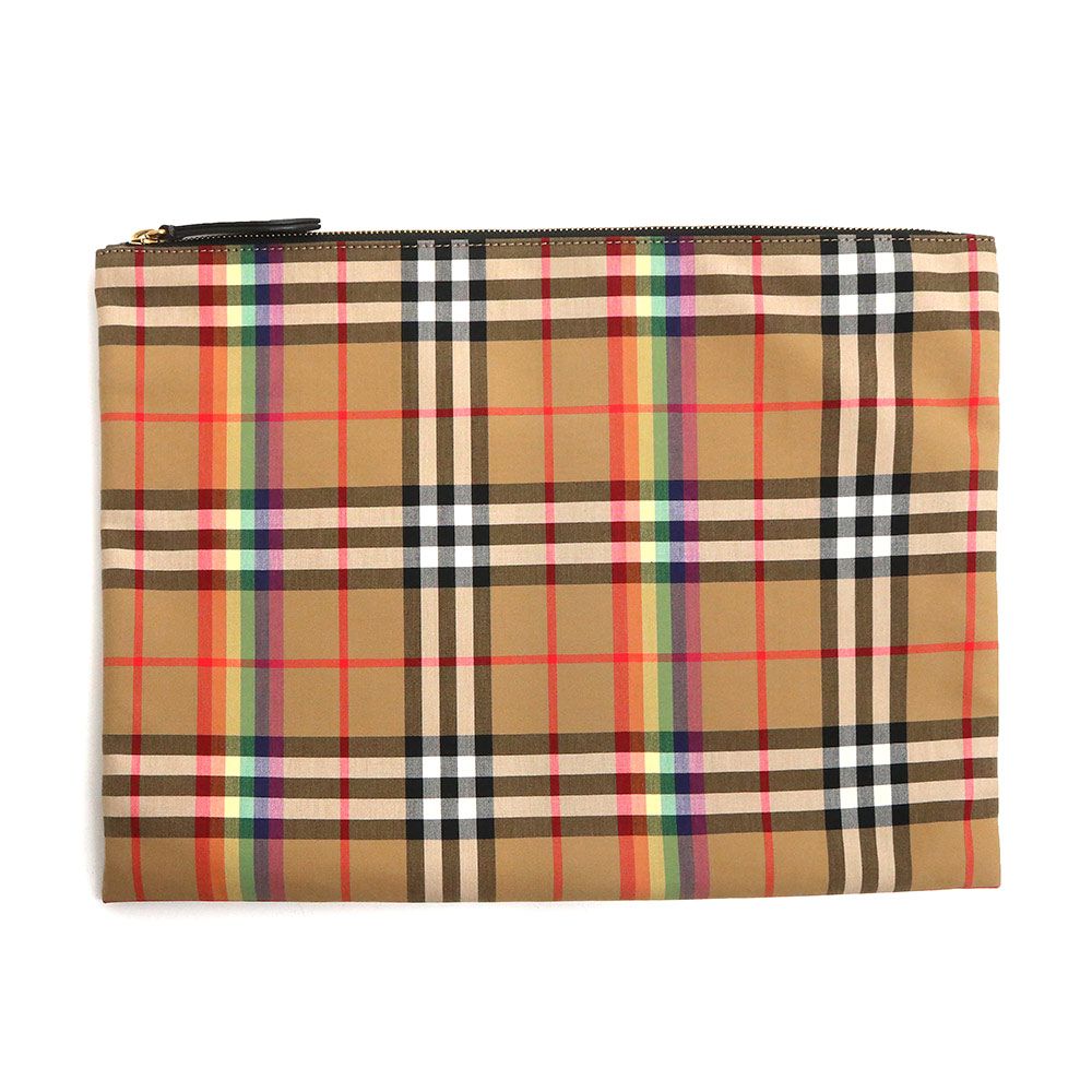 （新品・未使用品）バーバリー BURBERRY ヴィンテージ レインボー チェック ラージ ジップポーチ クラッチバッグ コットン ベージュ ゴールド金具 4077233 バーバリー ヴィンテージ レインボー チェック ラージ ジップポーチ