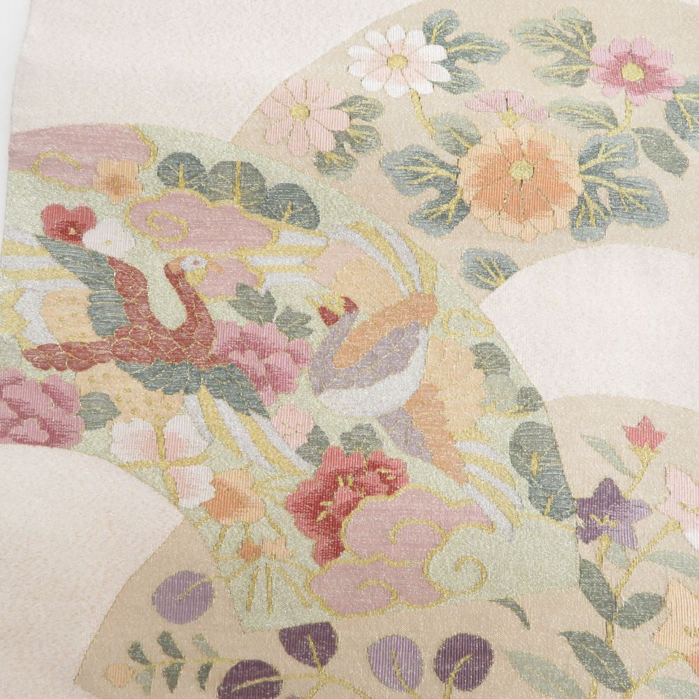 袋帯 正絹 つづれ織り 金糸 地紙花鳥文様 ベージュ色x金色x多色