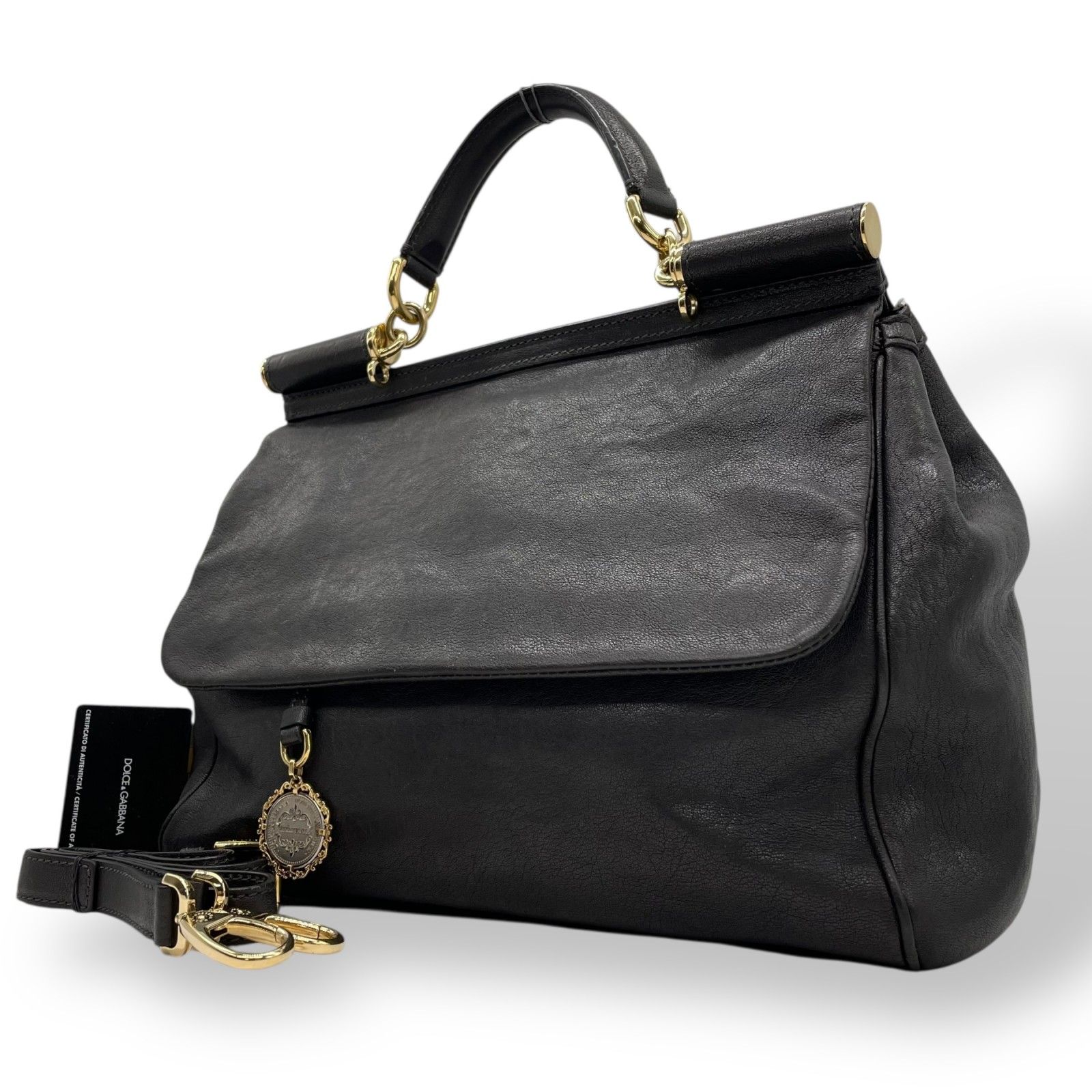 DOLCE-GABBANA ドルチェ＆ガッパーナ シシリー 2WAY ハンドバッグ ショルダーバッグ ドルガバ レザー 本革 黒 ブラック レディース D-G フラップ開閉 ゴールド金具 斜め掛け可 内側レオパード柄 ギャランティカード付き E