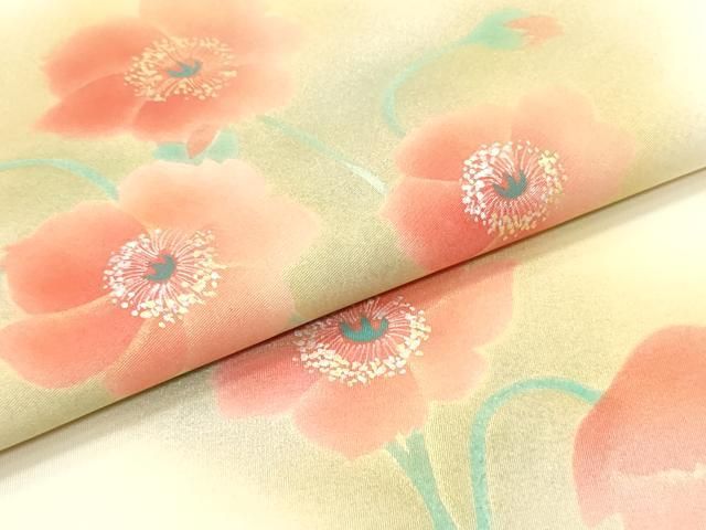 平和屋着物○塩瀬 九寸名古屋帯 手描き 草花文 薄卵色 金銀彩