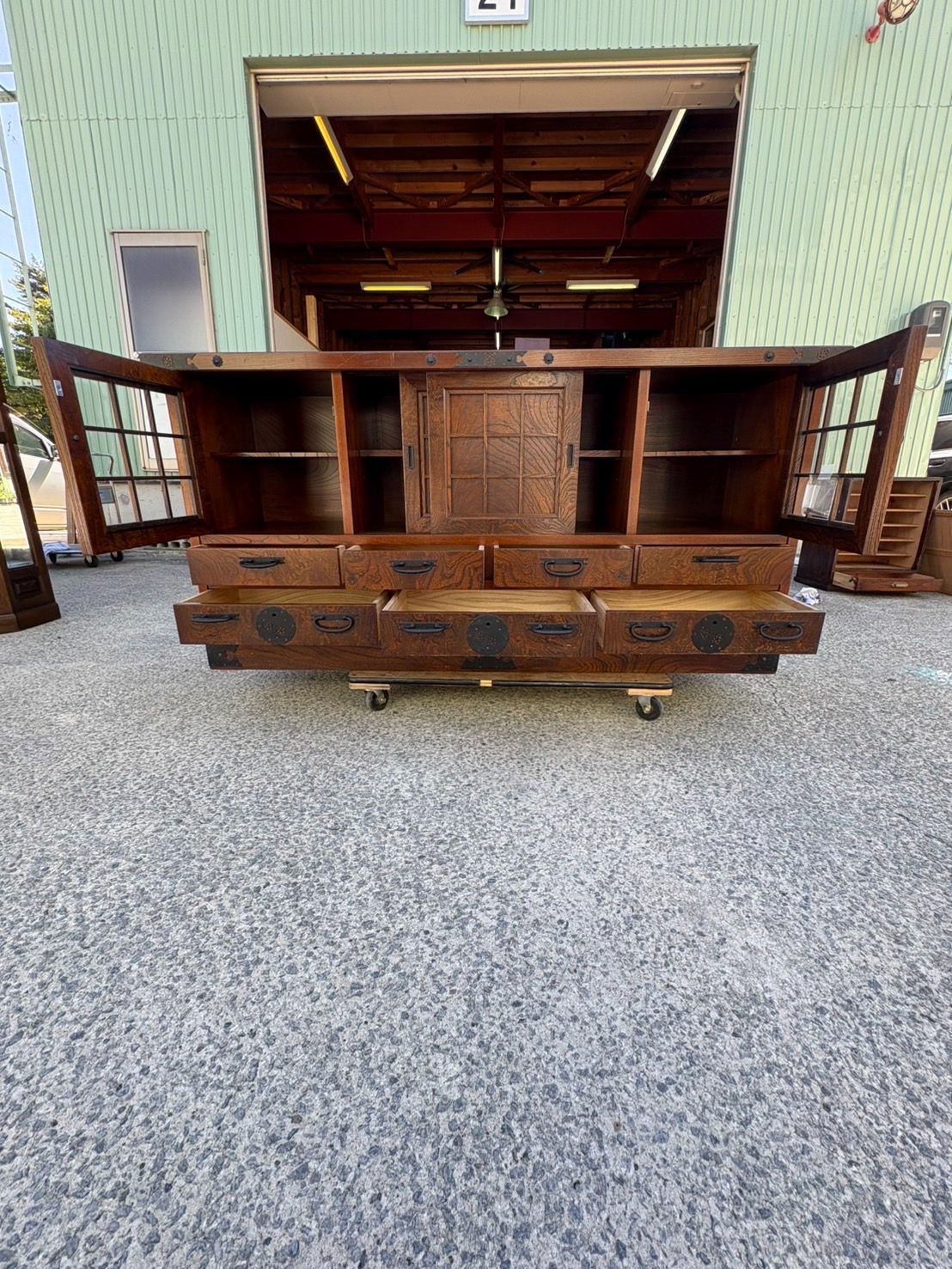 和家具 時代箪笥 水屋箪笥 飾り棚 欅調 古民具 レトロ アンティーク 幅168.5cm