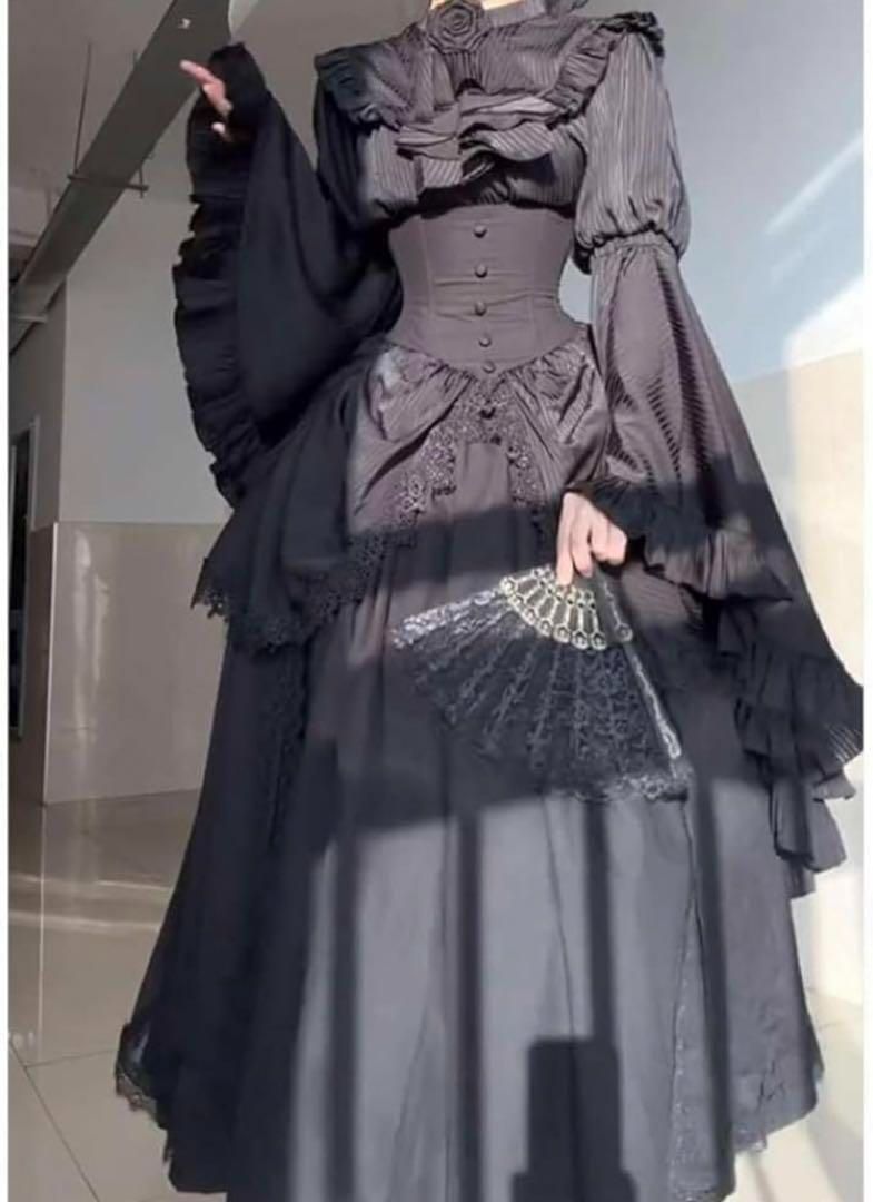 ゴスロリ・ロリータ 黒いロリ ゴシック 姫袖シャツ 暗黒系 原宿
