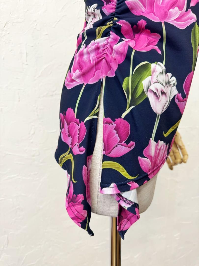 【紺】新品　社交ダンス　ピンク花柄プリント　アシンメトリーカットソーr241 紺】新品 社交ダンス ピンク花柄プリント アシンメトリーカットソー