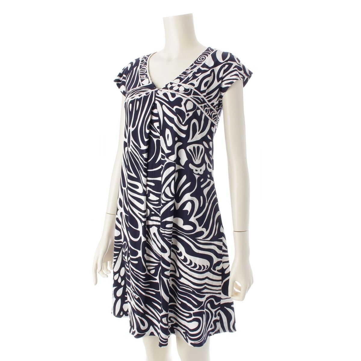 レオナール コットン 総柄 タック フレンチスリーブ ワンピース ドレス 0330801 ネイビー ホワイト 36