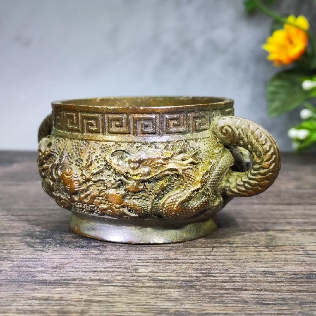 大象耳双龍戯珠香炉 茶道香炉 工芸品 美術品 置物 銅製 双龍戯珠薫香炉 両耳香炉 香具 仏堂香炉 装飾品 工芸品