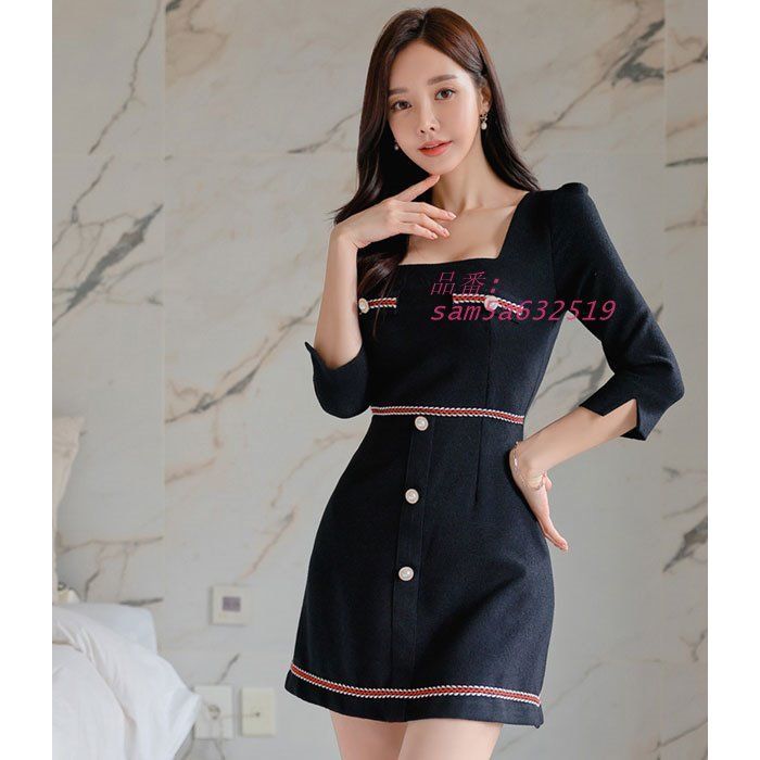 スクエアネック胸元開き 七分袖ショートフ