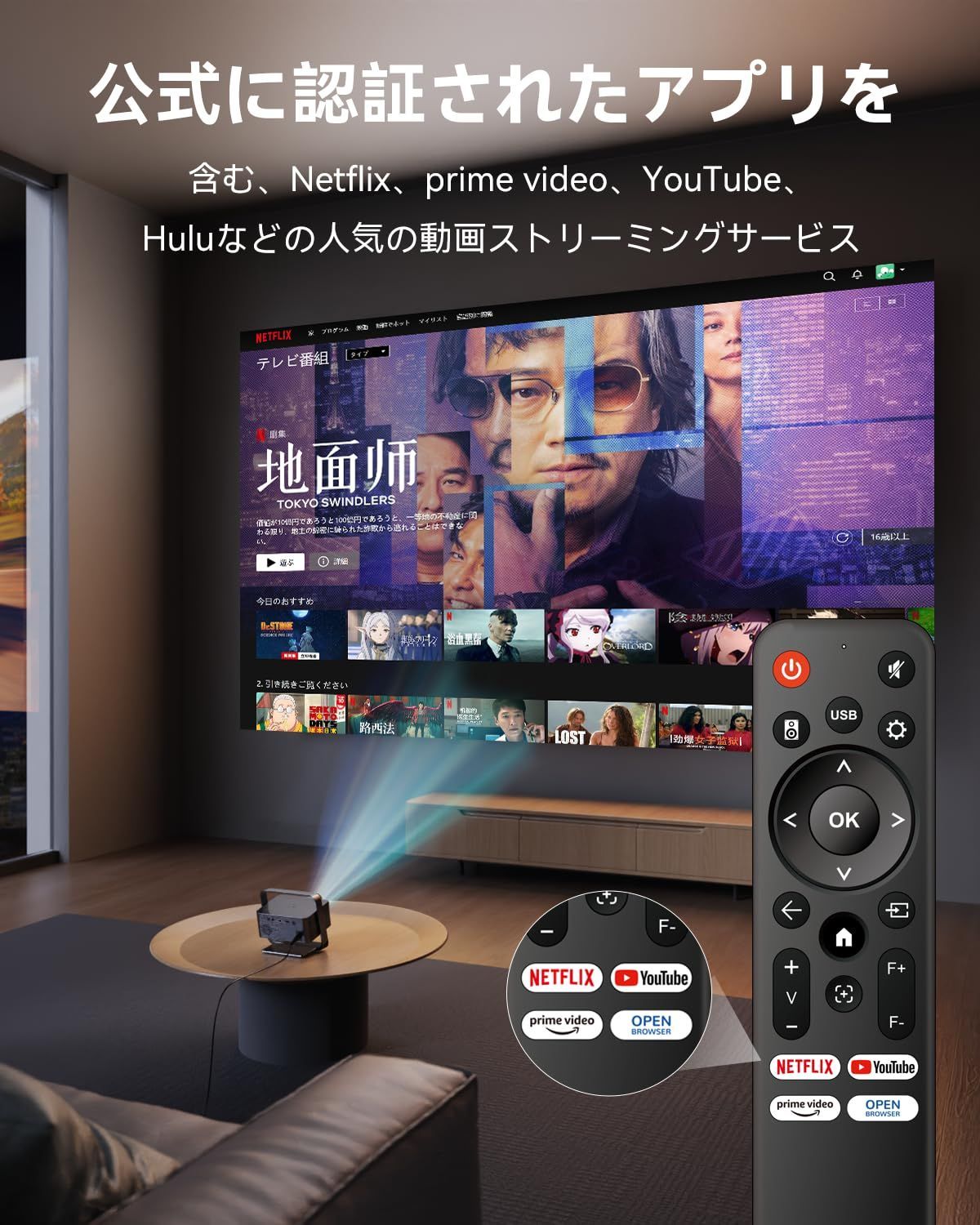 和風の Polocsh プロジェクター 家庭用 1080P 4K対応 フル 天井投影プロジェクター 搭載自動台形補正 WiFi 6 Bluetooth 5.2 HiFiスピーカー電動フォーカス 短距離投影 - スタンド一体型ホームプロジェクター