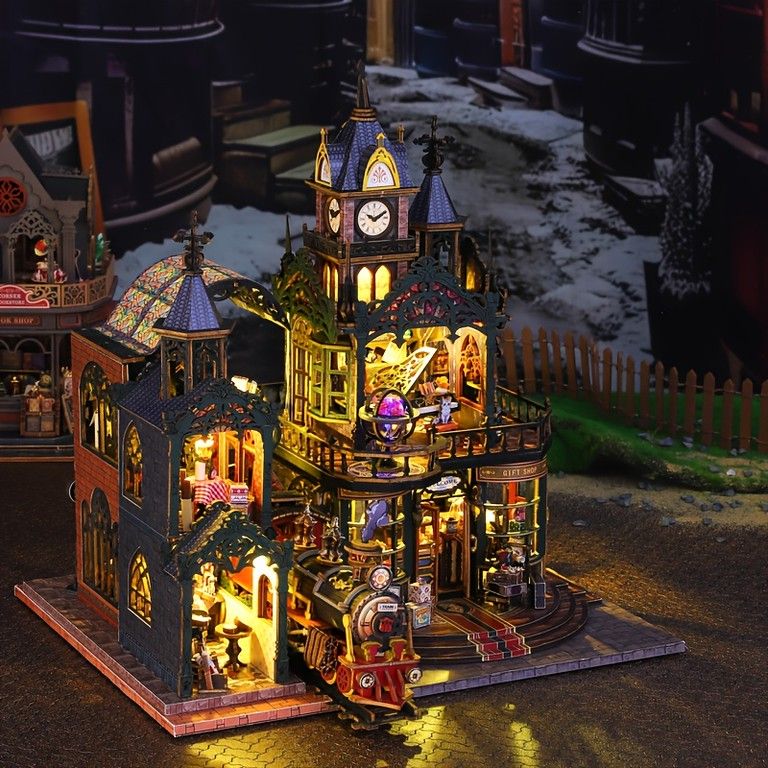 新感覚 木製立体パズル トレインハウス 3Dモデル デスクトップ装飾 ビンテージ風 都市の線路 書架飾り 誕生日 季節イベントギフト QIAOLEXING製 対象10歳以上