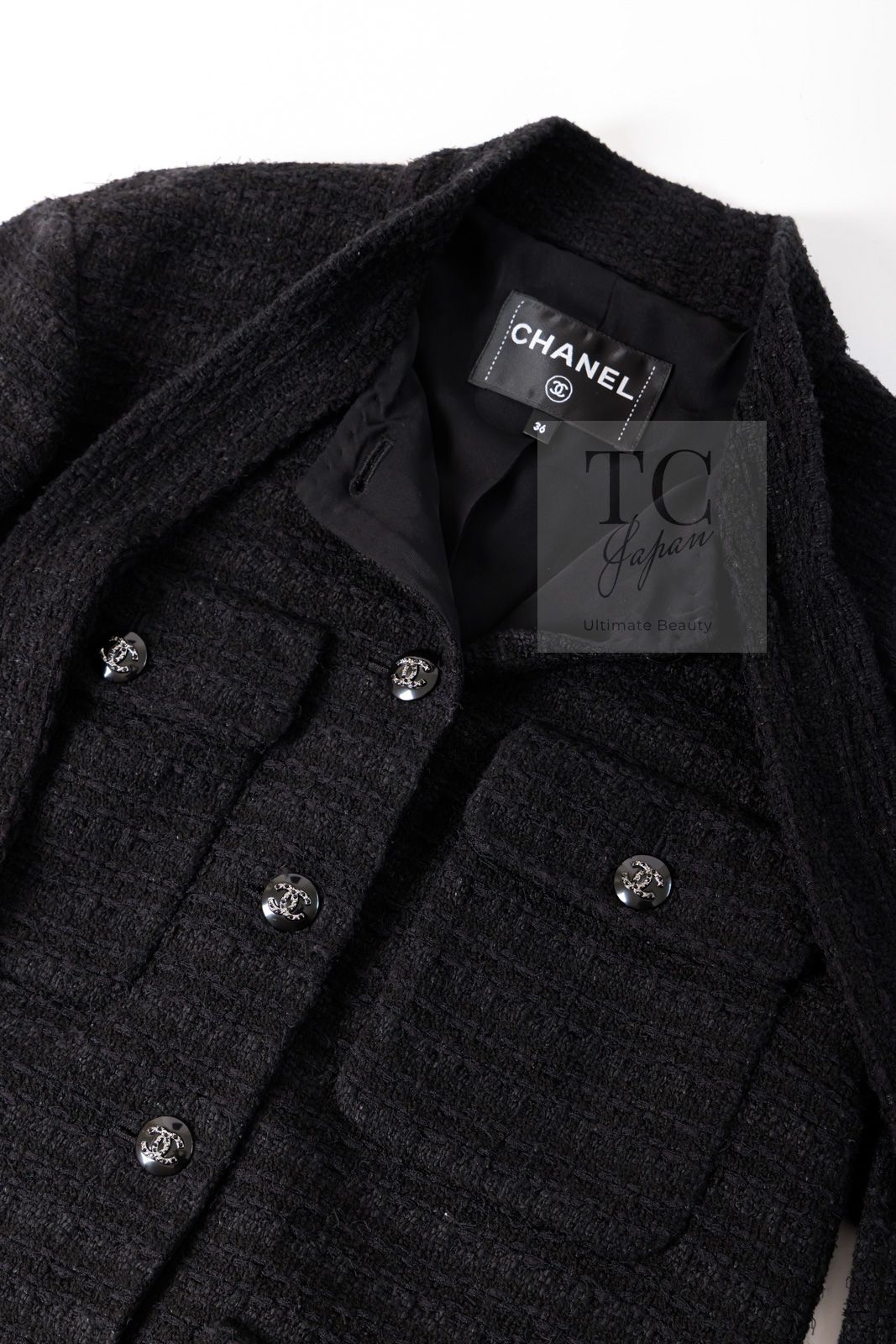 CHANEL ツイードリボン 黒 パールボタン シャネル ジャケット スーツ CHANEL ブラック 黒 リボン ココ