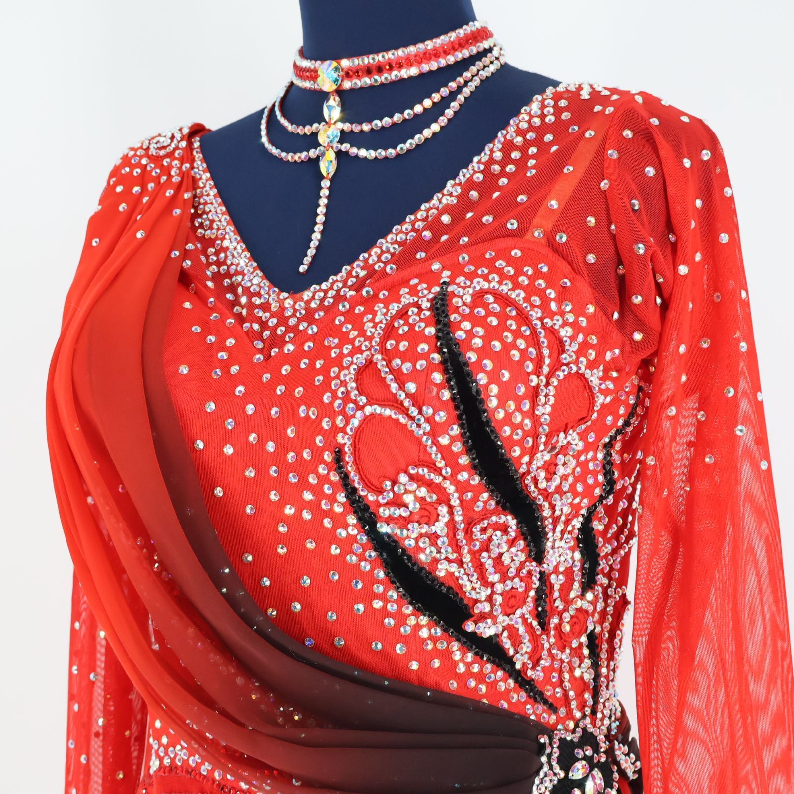 社交ダンス衣装】レッド 白樺ドレス ワンピース ドレス 赤 黒 フロート