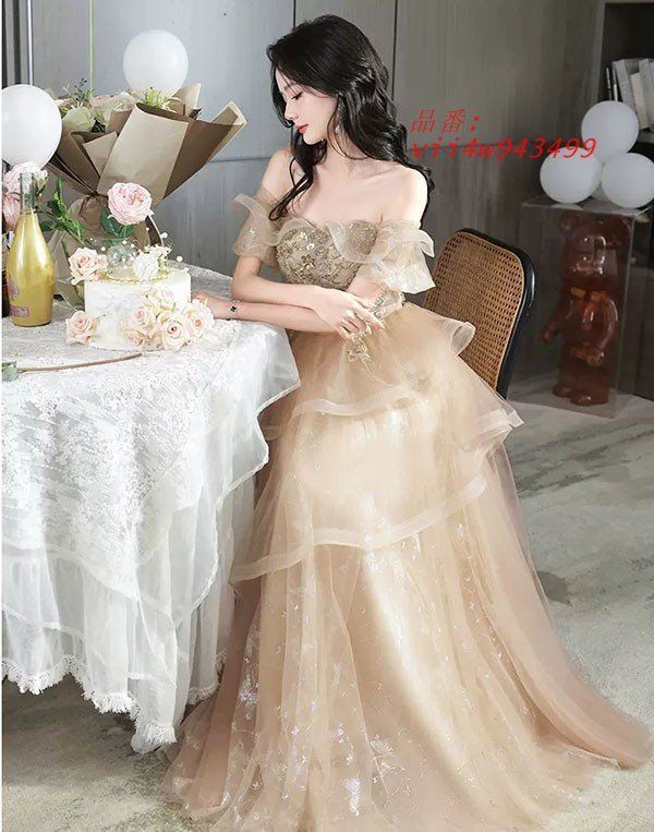 イブニングドレス 大人 ピアノ 発表会 ロングドレス アシンメトリードレス 成人式ドレス 肩出し 演奏会用ドレス 袖付き オフショルダー vii4w943499