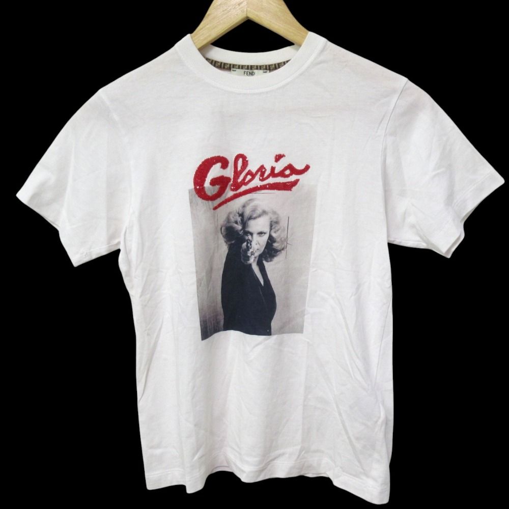 良品 FENDI フェンディ Gloria スパンコールロゴ フォトプリント クルーネック 半袖 Tシャツ カットソー XXS ホワイト レディース 古着  USED