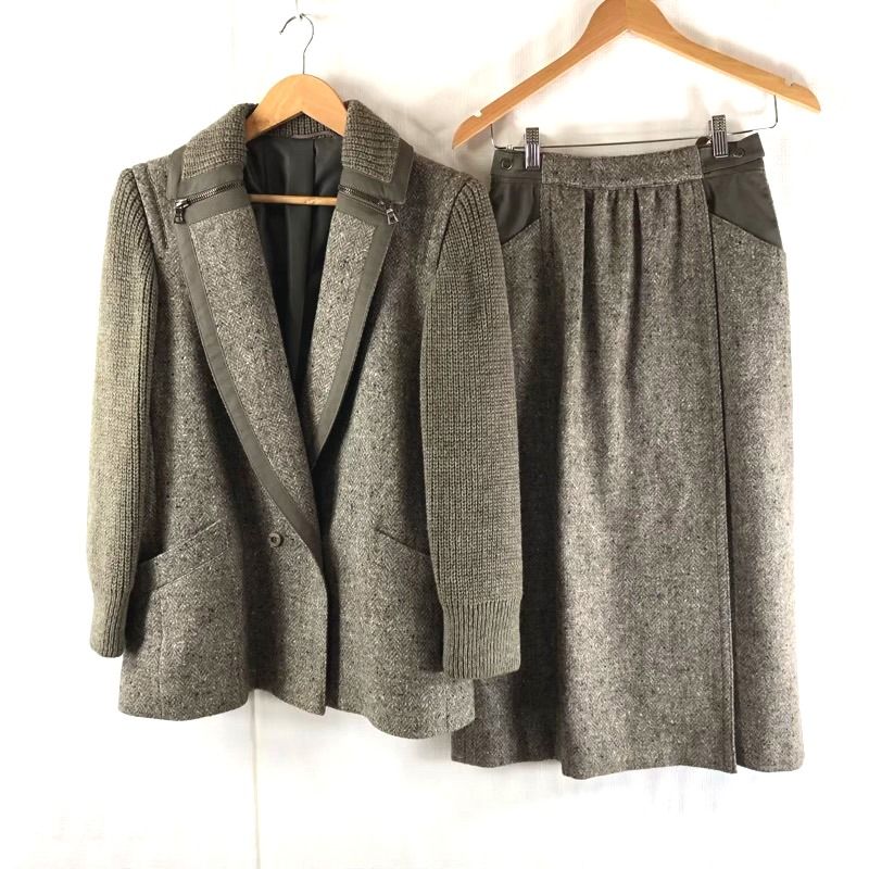 フメイ HUCKE セットアップ ジャケット スカート スーツ 厚手 ウール ニット ミックス生地 ジップ ブラウン系 36サイズ 956244
