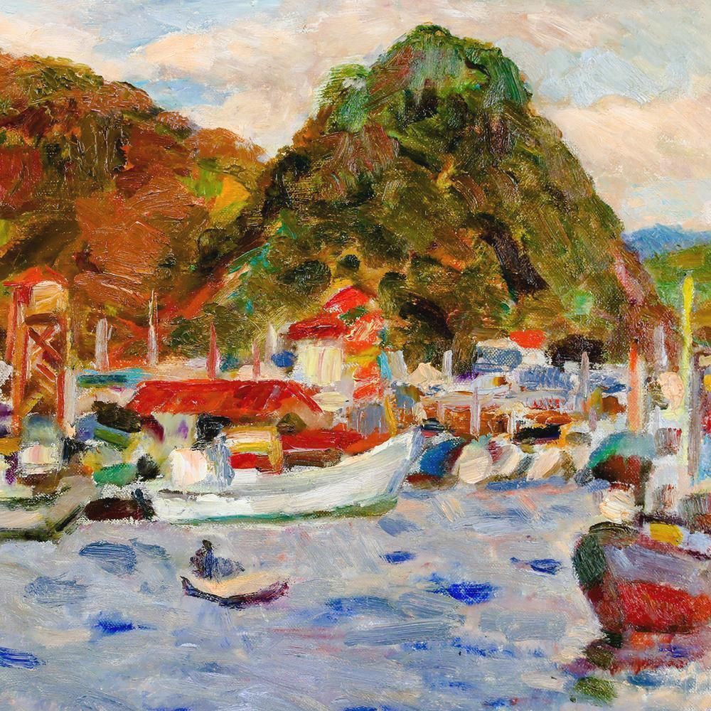 真作】【WISH】伊川鷹治「下田港朝」油彩 15号 大作 1964年作