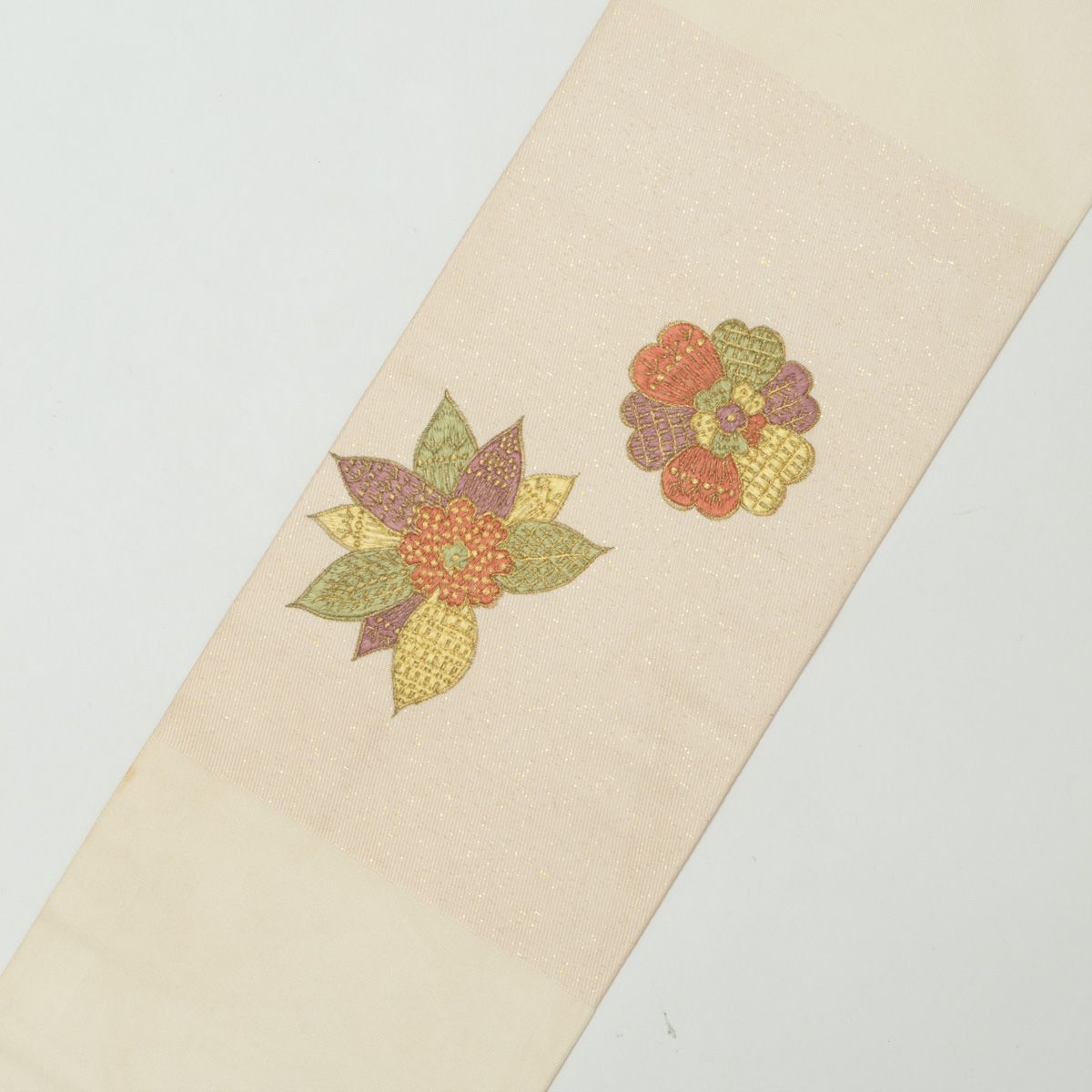 名古屋帯 刺繍 モダン 花更紗柄 クリーム色 西陣織 正絹 九寸
