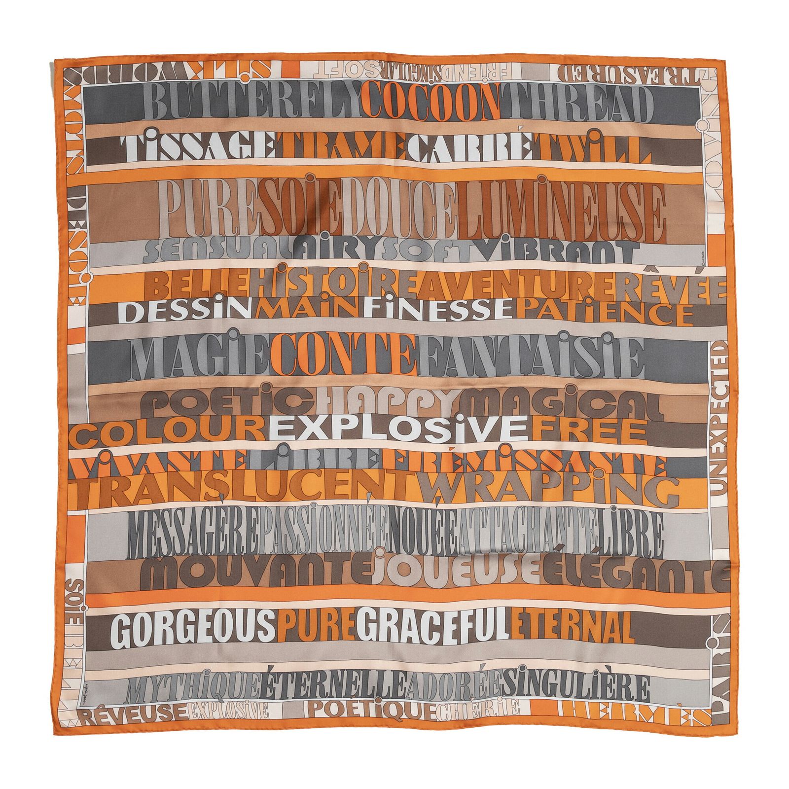 HERMES エルメススカーフオレンジ 茶色 ツイルシルクA