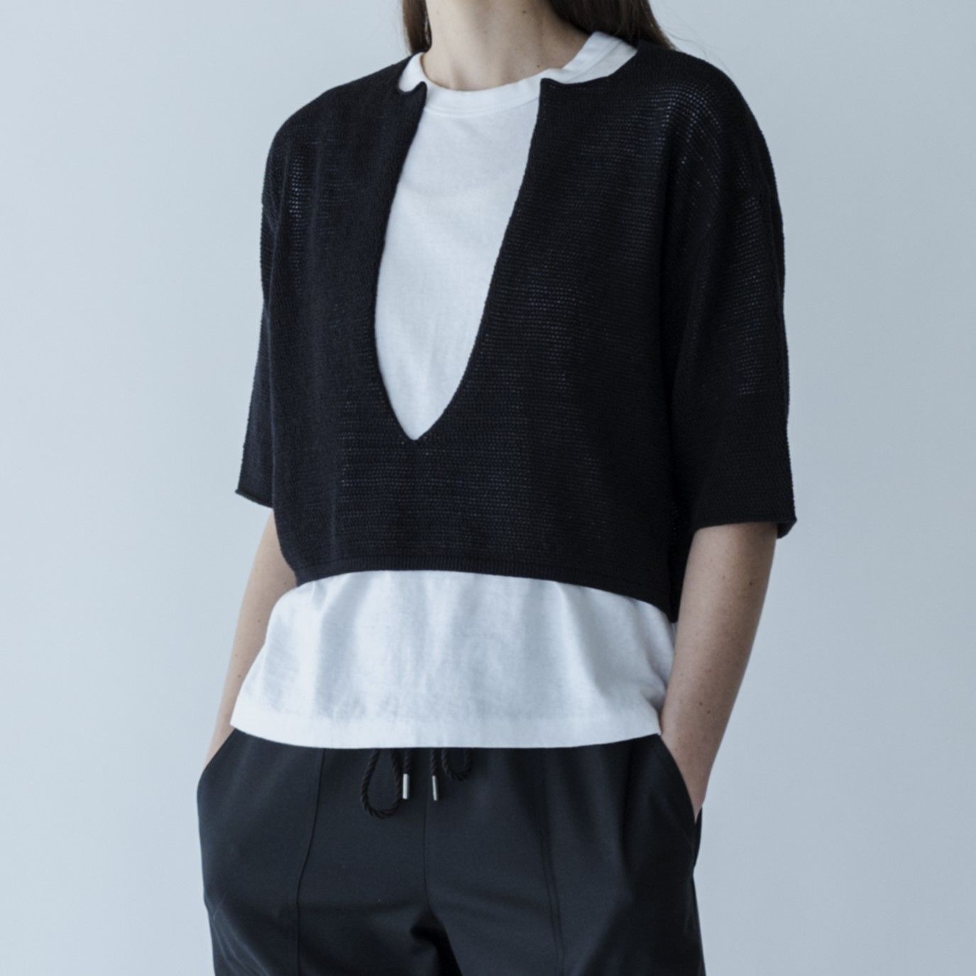 MEYAME メヤメ LONG SLIT HALF-SLEEVE KNIT BLACK ロング スリット ハーフ スリーブ ニット