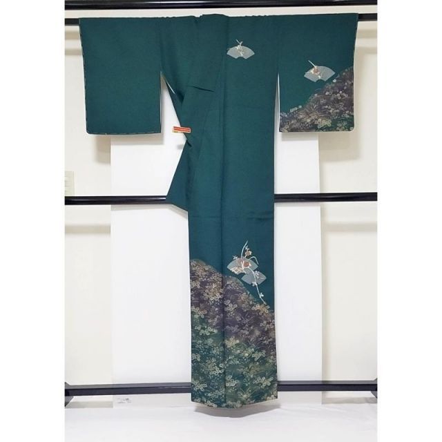 未使用】附下 袷 仕付け 刺繍 道長取りに秋草 地紙に萩 橘 155cm前後 