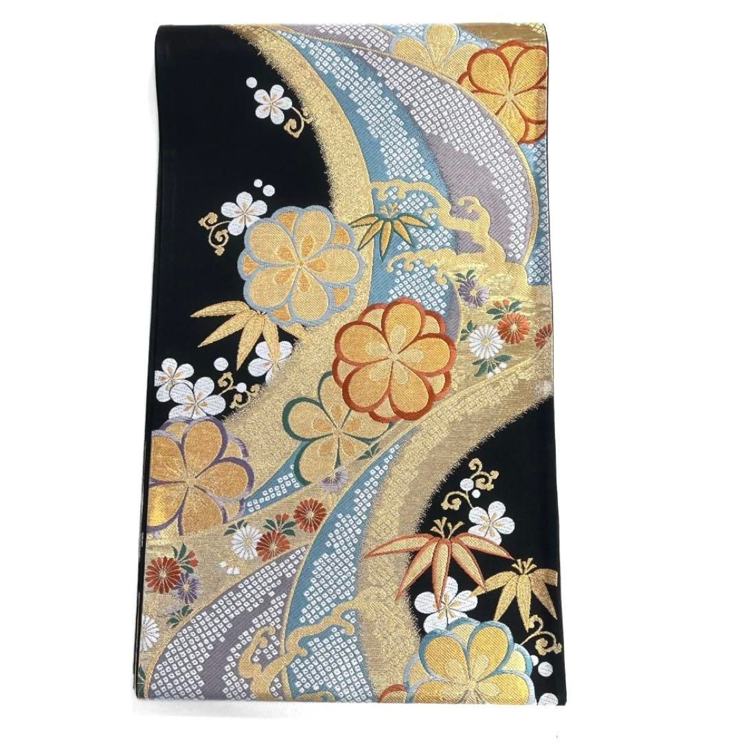 振袖帯　流水　金糸　梅花　竹　菊　鹿の子　黒地　袋帯　着物　041a d 振袖帯 流水 金糸 梅花 竹 菊 鹿の子 黒地 袋帯 着物 041a d