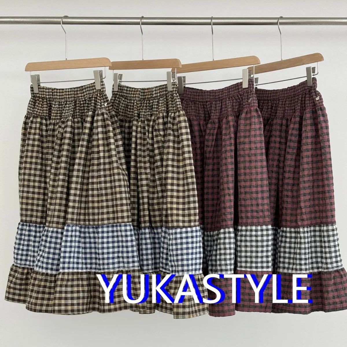 Coyseio 大小チェック柄拼接 カラーブロックデザイン ルーズウィングスカート ミッドレングス スカート 2色展開