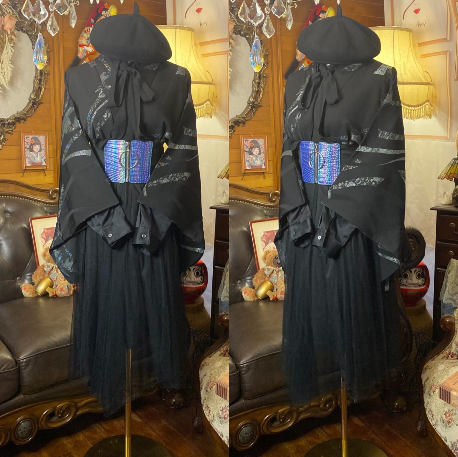 和洋折衷コーデ 黒絵羽織 セレクト4点セット 流線メタリックの黒絵羽織×オールブラック オーロラベルト C-672