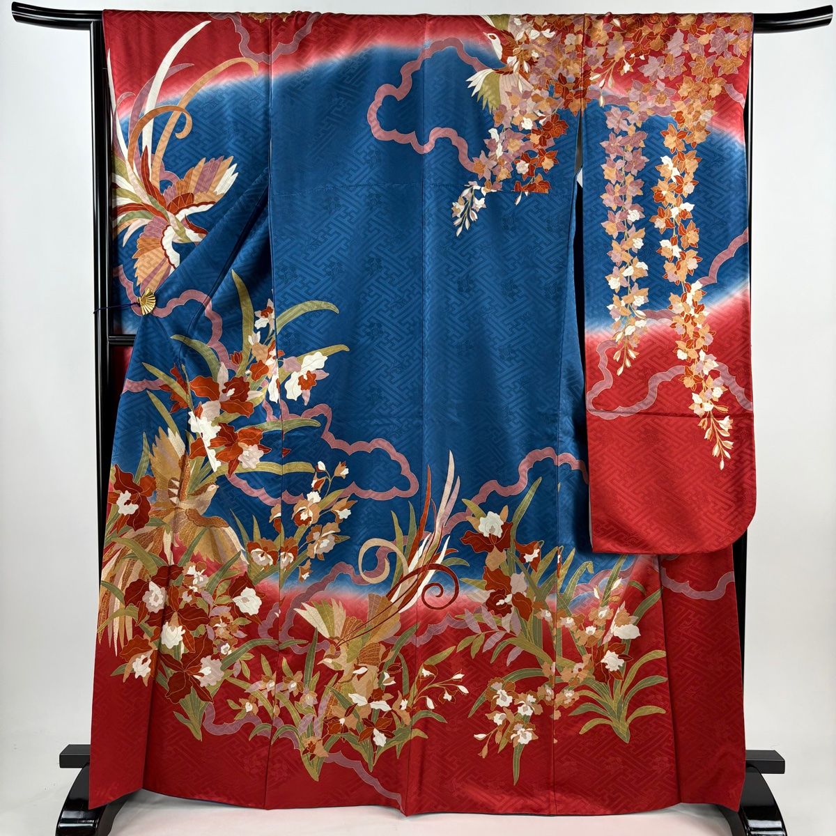 高級 振袖 青色 花柄 身丈172.5cm 裄丈67cm M 牡丹松竹梅金彩 華徒然×吉木千沙都 水色/ブルー/ブルーベース 牡丹柄/水引き柄
