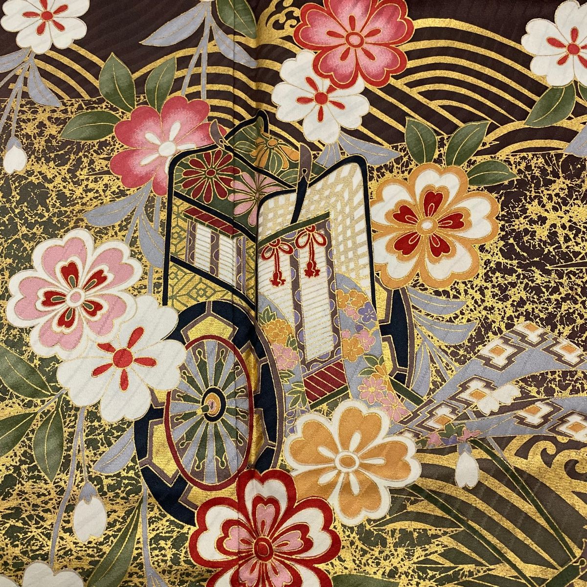 振袖 身丈166.5cm 裄丈67.5cm L 袷 御所車 桜 金彩 染め分け 茶紫