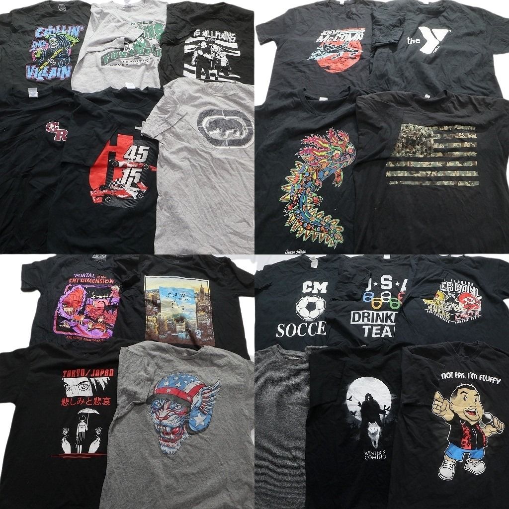 古着卸 黒 グレー ボディ プリント 半袖Tシャツ 20枚セット メンズ L 大判プリント チームロゴ ボーダー 古着 NA1945
