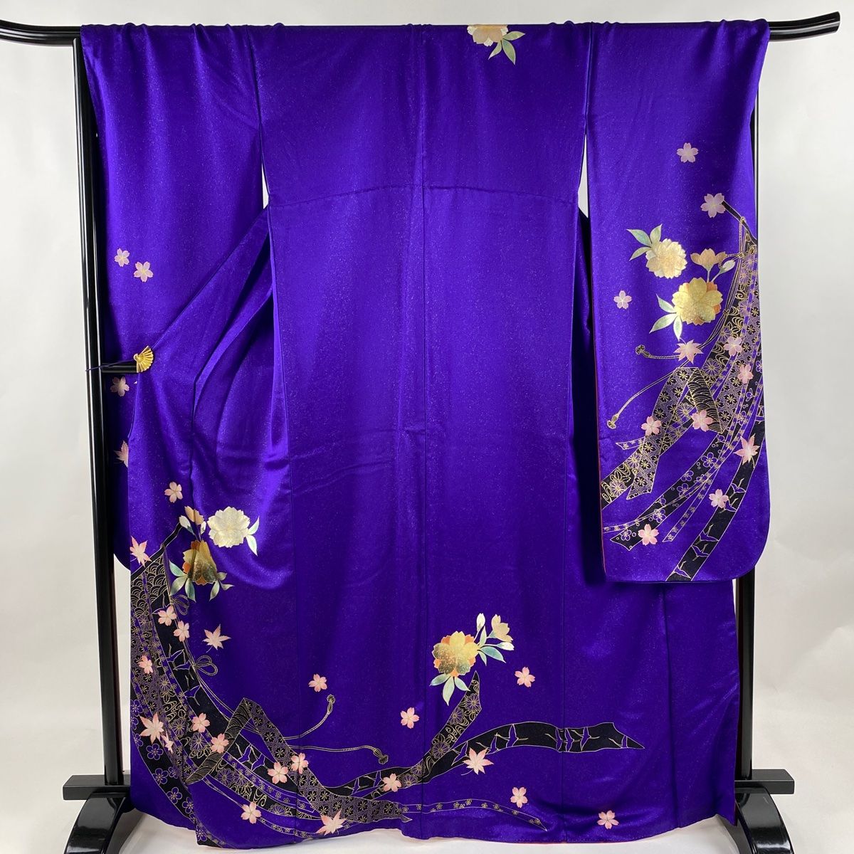 振袖 身丈168.5cm 裄丈70cm L 袷 桜 几帳 金彩 金通し 紫 正絹 名品-